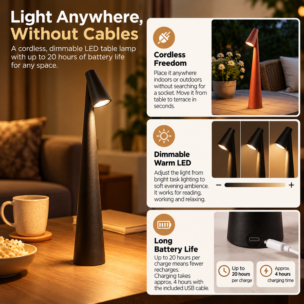 Rechargeable Table Lamp | Cordless LED, Dimmable, 20H Battery