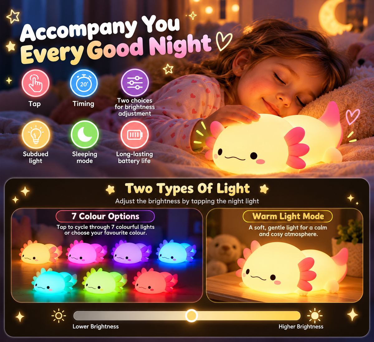 Silicone Night Light for Kids | Axolotl Touch Lamp, USB Rechargeable