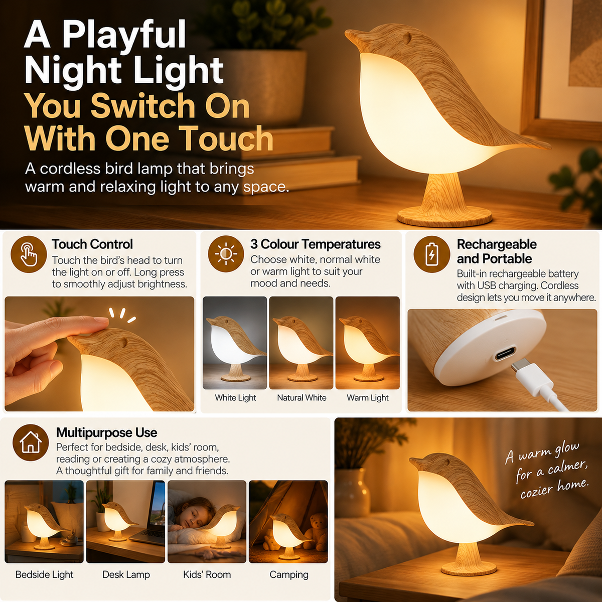 Bird Night Light | Rechargeable LED Lamp, Cordless Touch Control | Bedside