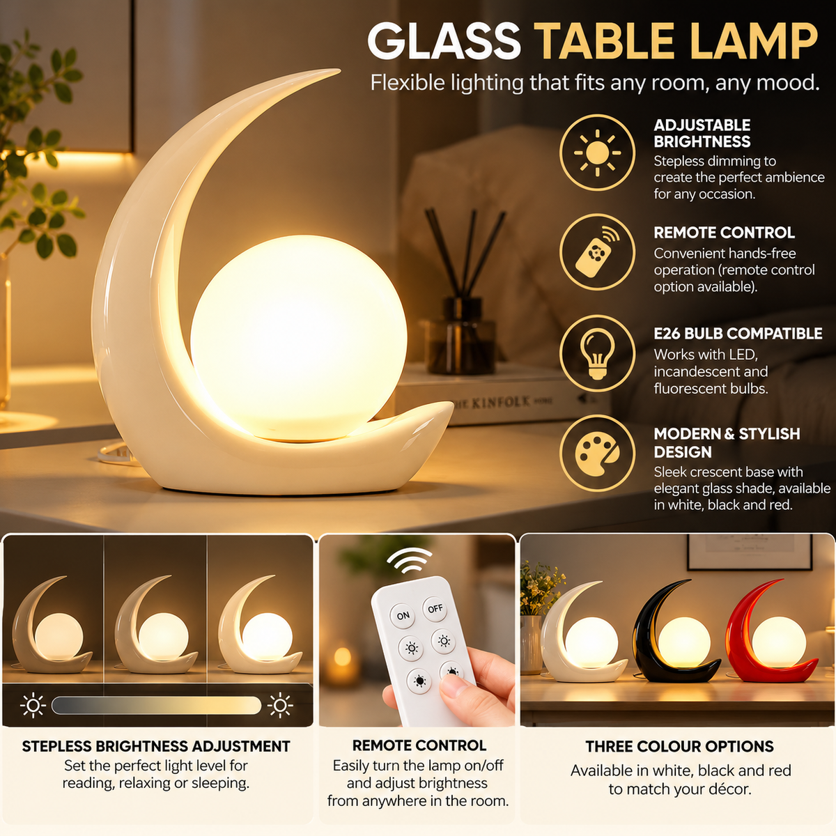 Glass Table Lamp | Adjustable Brightness, Remote Control | White, Black, Red