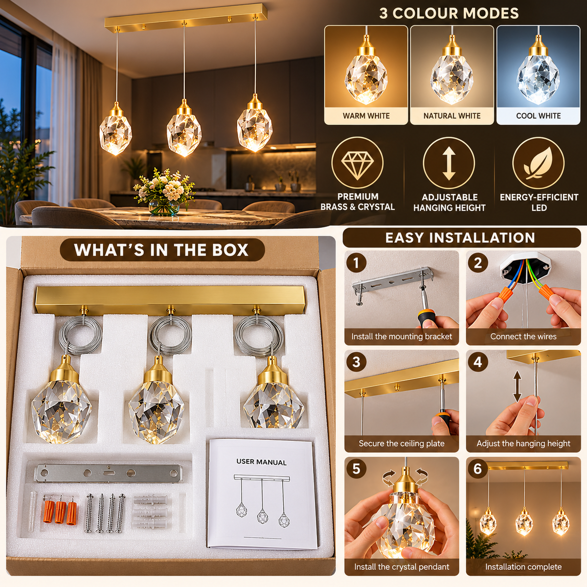 Crystal Pendant Light | Dimmable Brass, Modern Luxury | LED