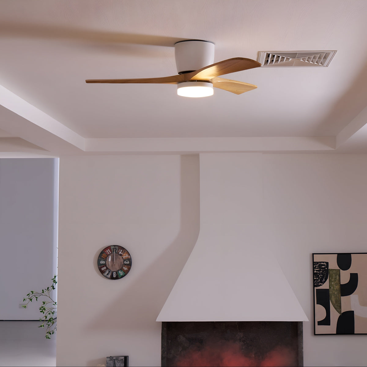 DC ceiling fan with LED light, Nordic wood blades, 6-speed DC motor, warm white 3000K