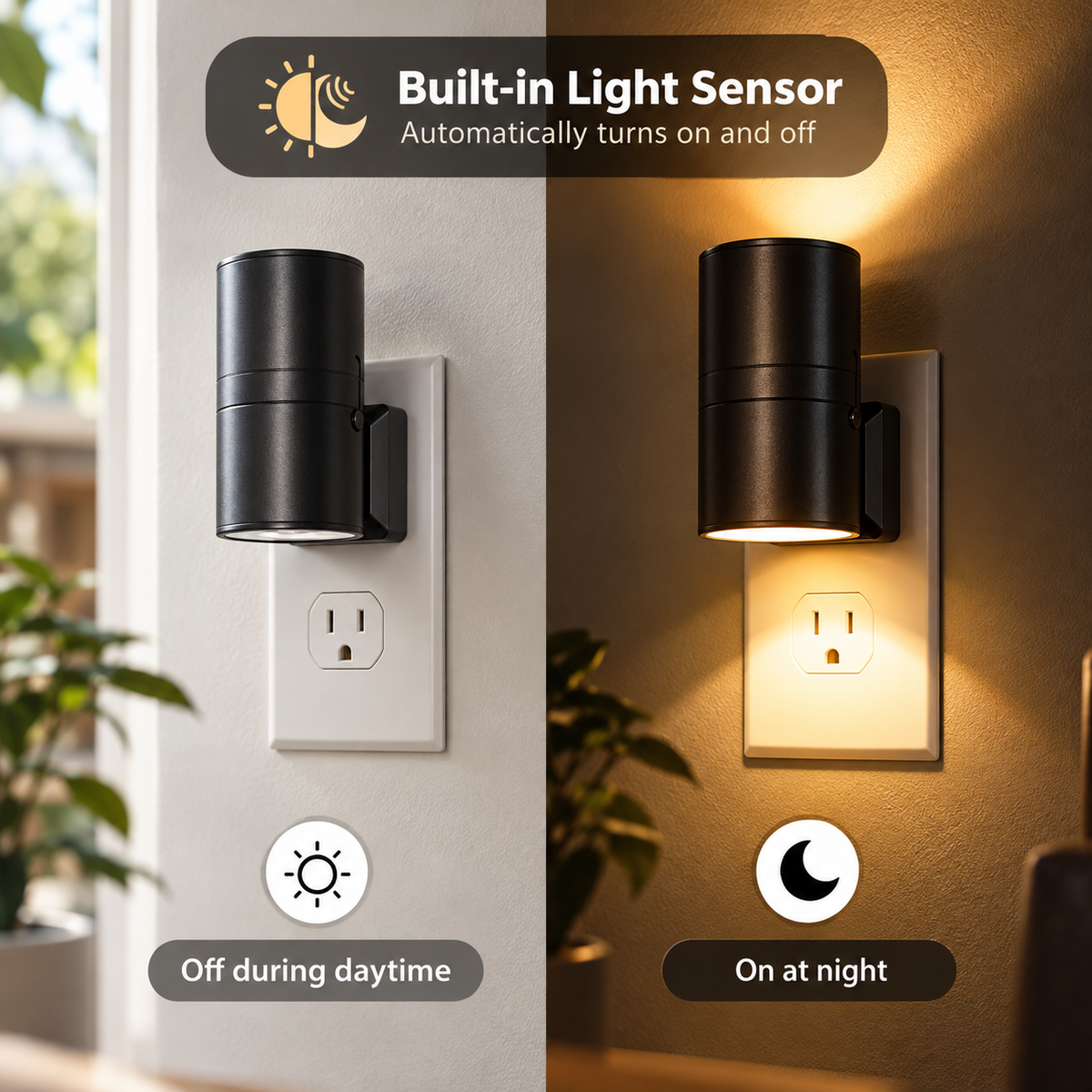 LED Plug-In Wall Lamp | Black, Dimmable, Light Sensor