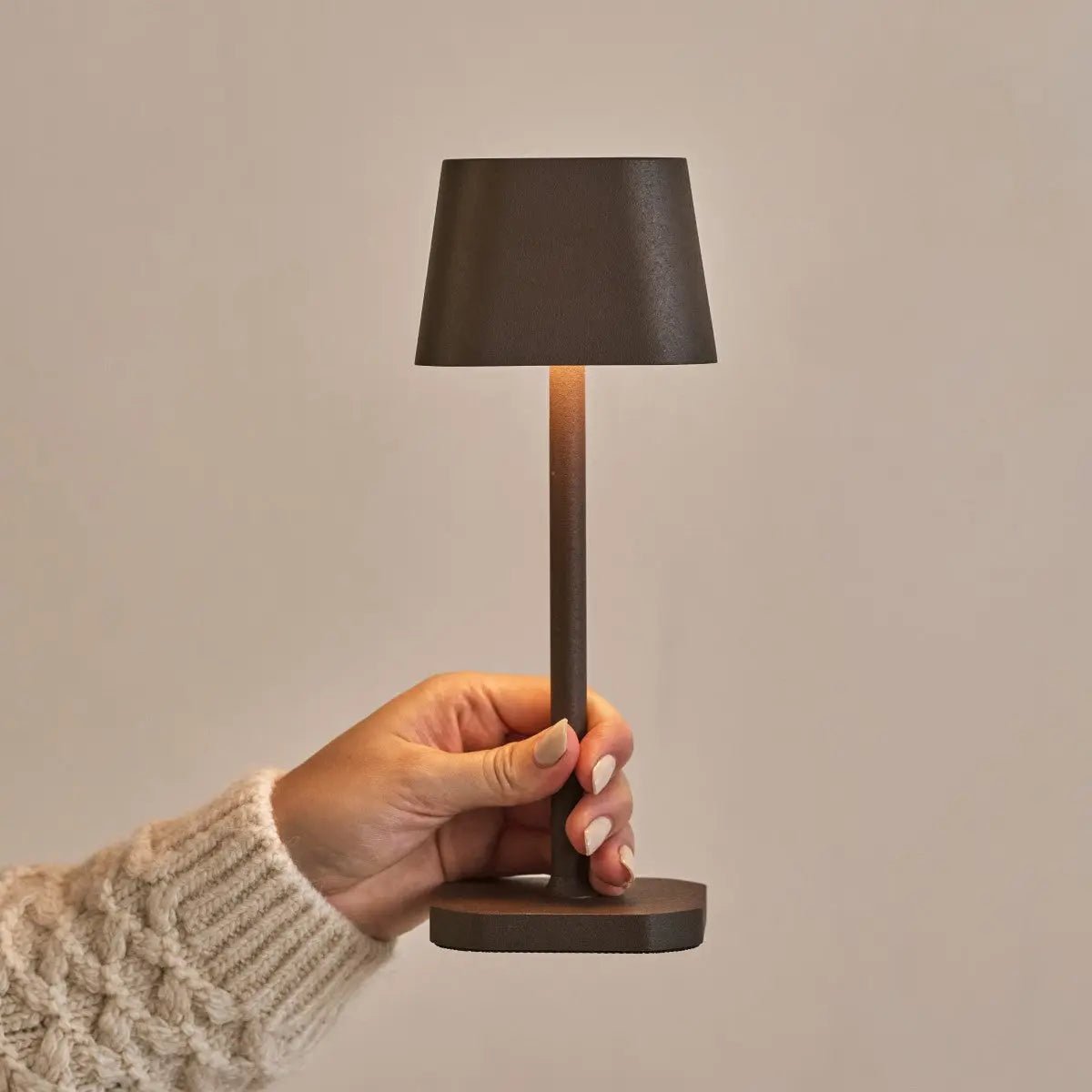 Rechargeable table lamp brown metal, cordless and dimmable oval design