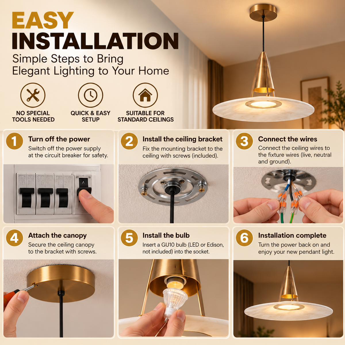 Alabaster Pendant Light | Gold & Bronze, GU10, Indoor Ceiling Lamp