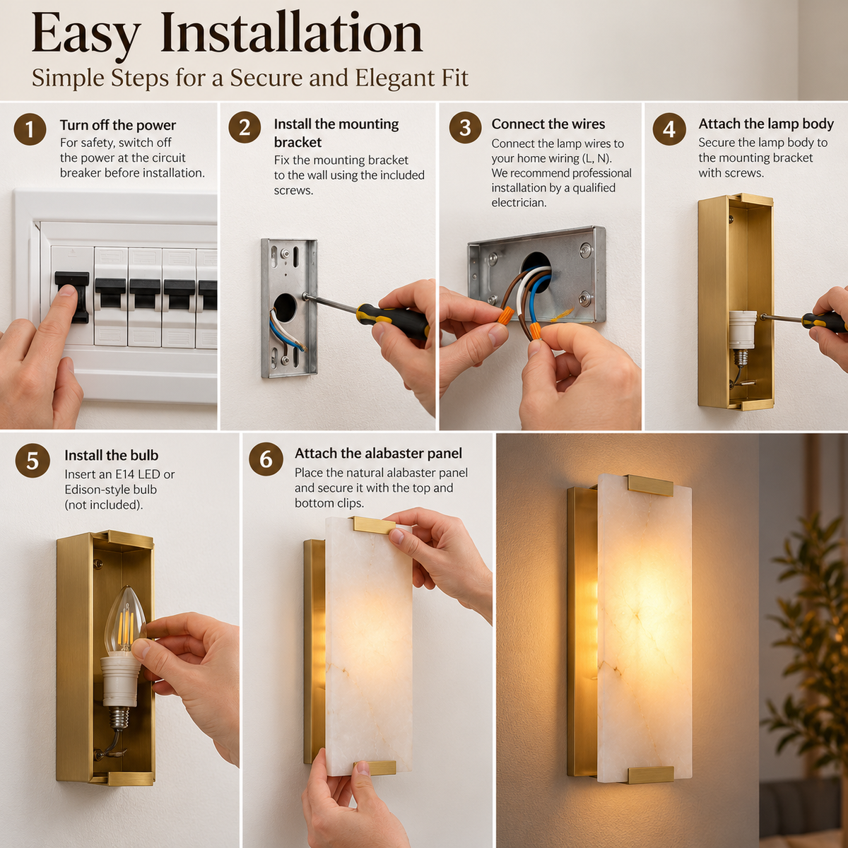 Wall Sconce | Alabaster Panel, Brass and Black Finish | Indoor Lighting