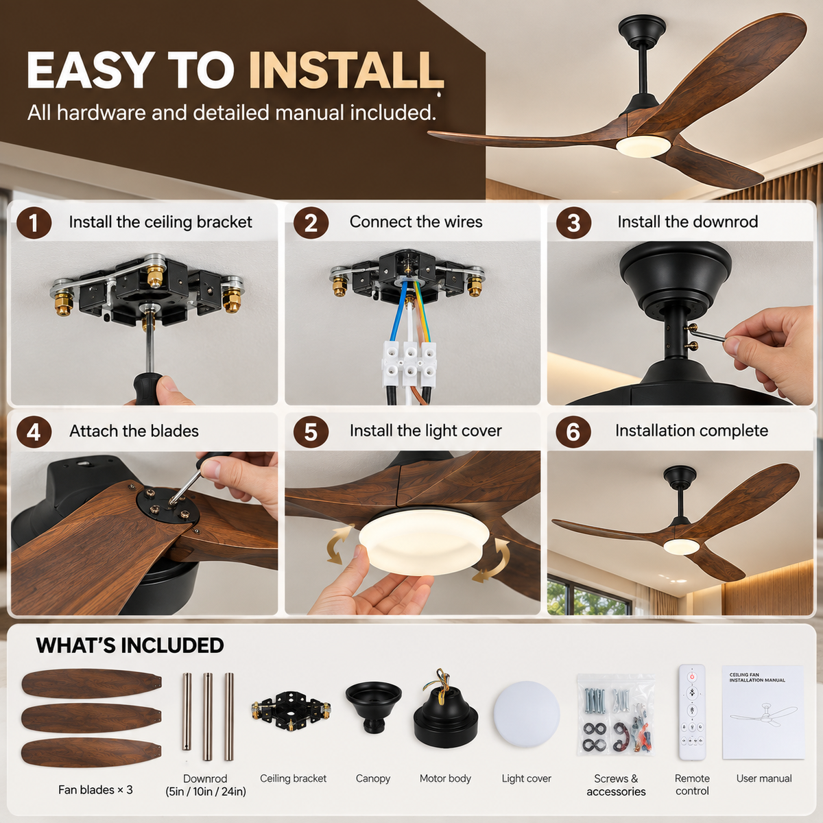 DC Ceiling Fan with LED Light | Solid Wood Blades, Smart Control