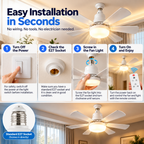 Socket Fan with LED Light & Remote Control | E27 Ceiling Fan, 41cm