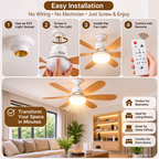 Socket Fan Light Ceiling | Wood Grain, 6 Blades, Remote Control