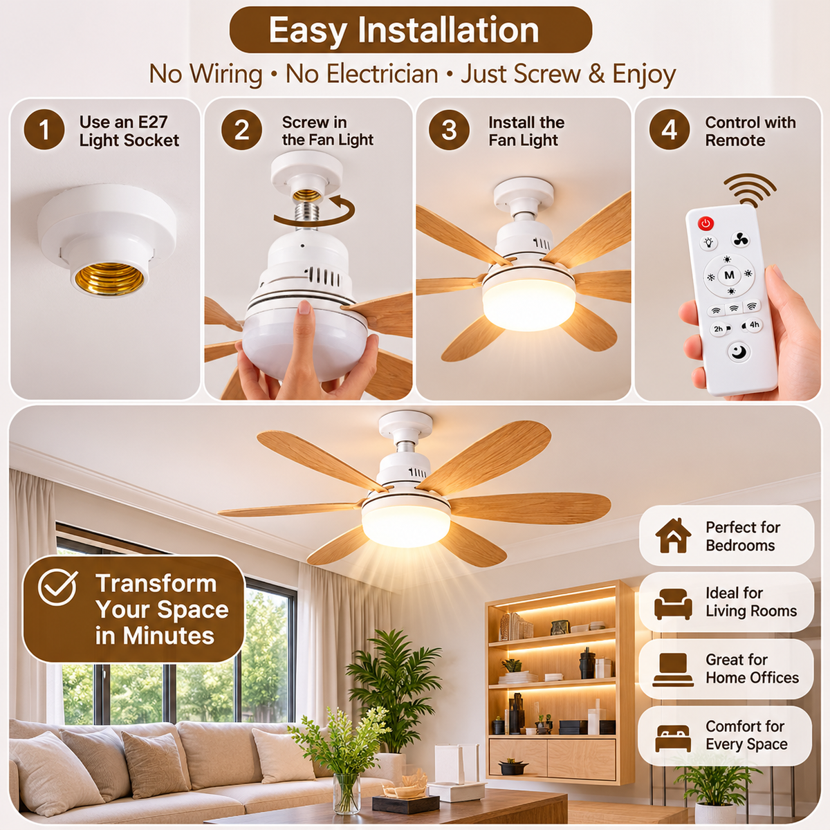 Socket Fan Light Ceiling | Wood Grain, 6 Blades, Remote Control