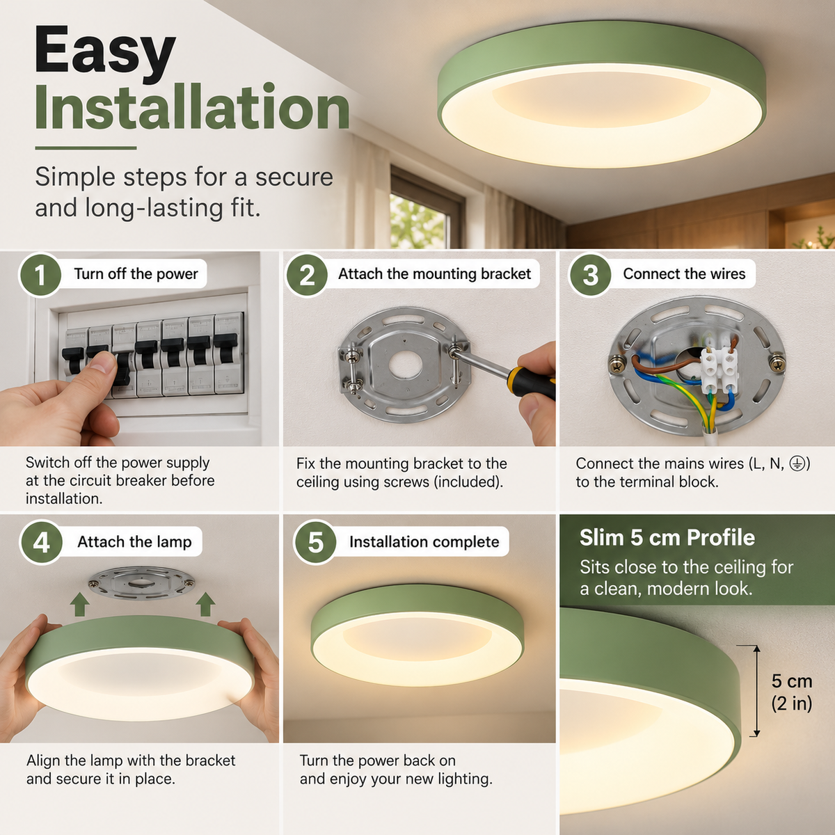Flush Mount Ceiling Light | Wrought Iron, Tri-Colour LED, 3 Sizes