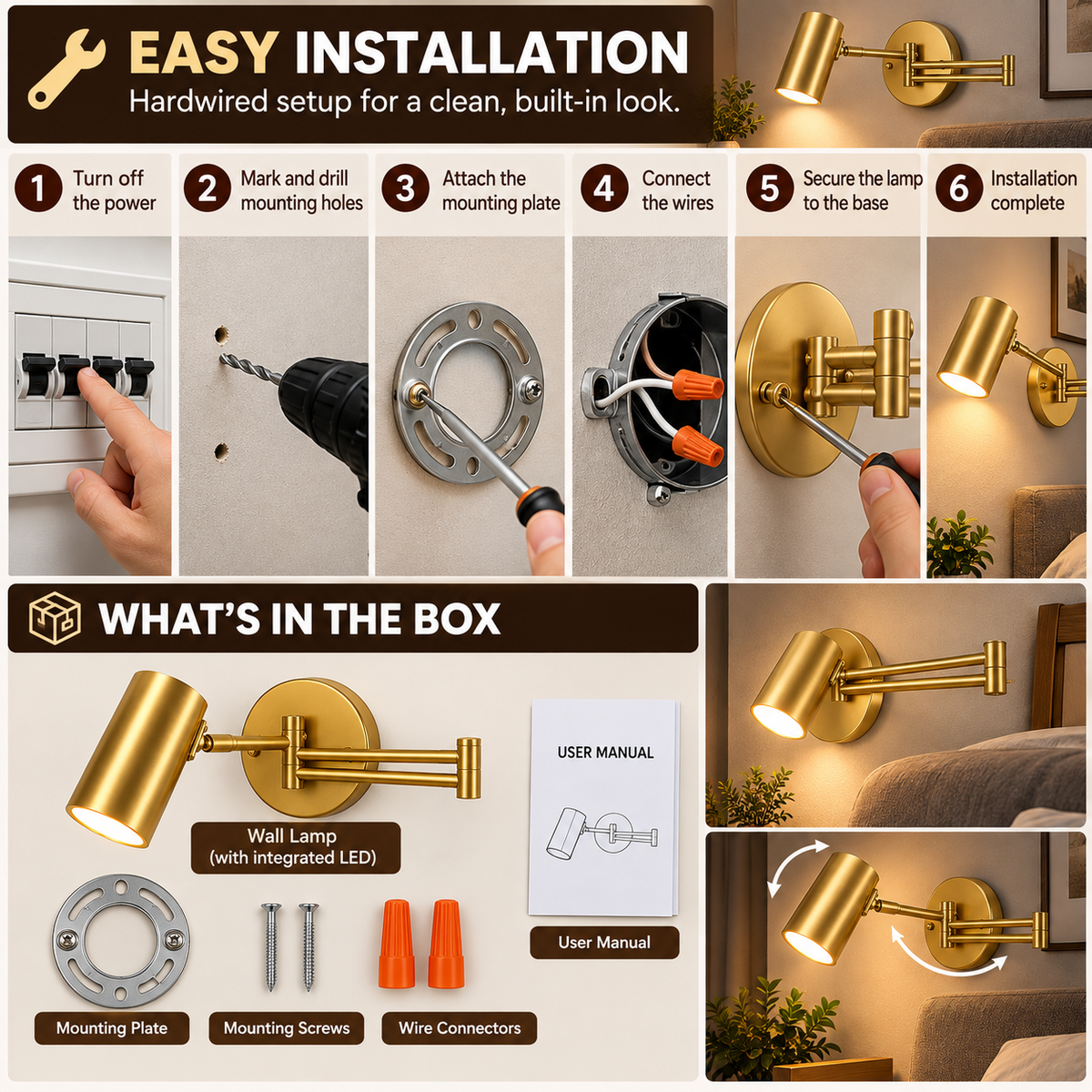 Swing Arm LED Wall Sconce | Adjustable 1-Light, Wrought Iron | Modern