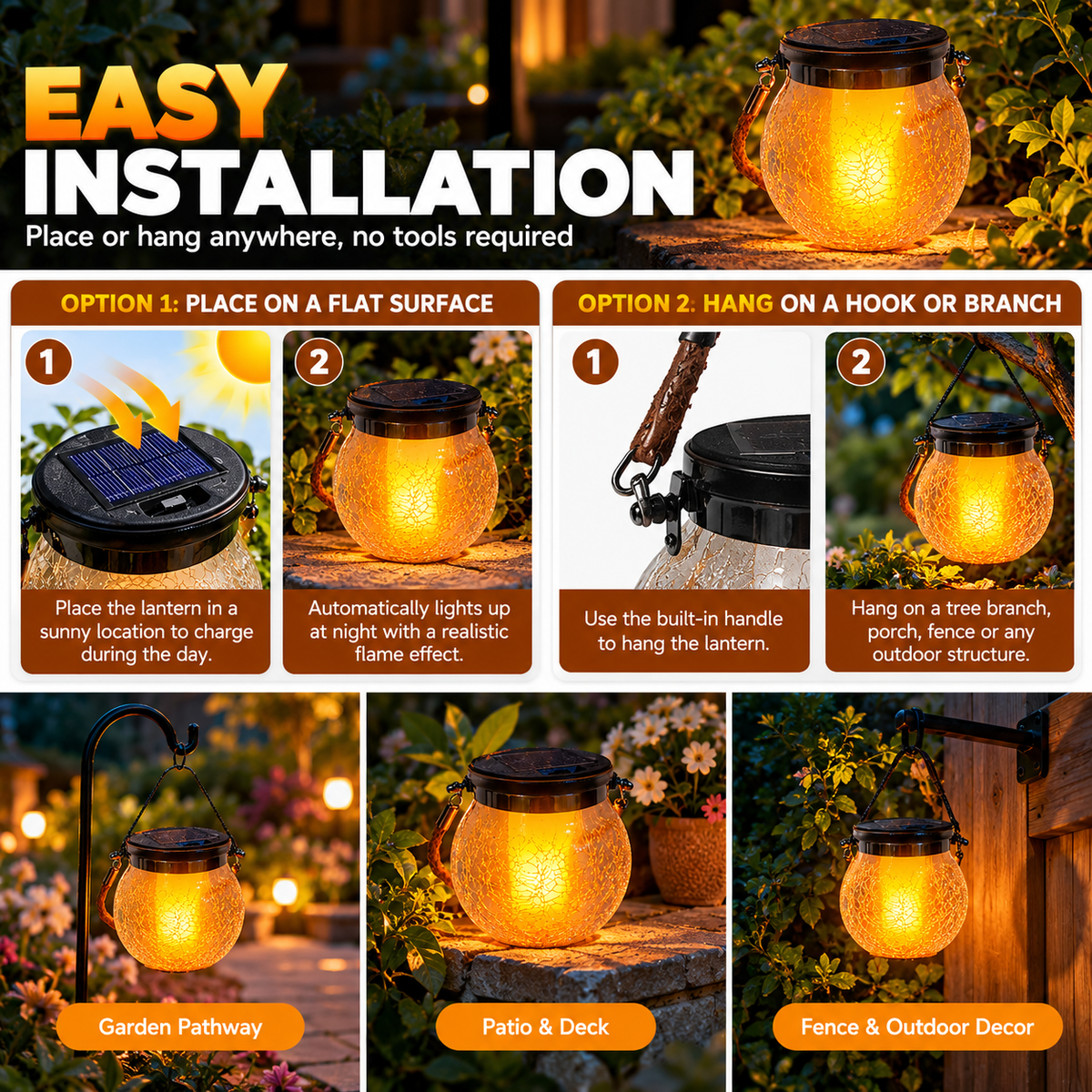 Solar Path Lights | Flickering Flame, Outdoor Garden Lantern