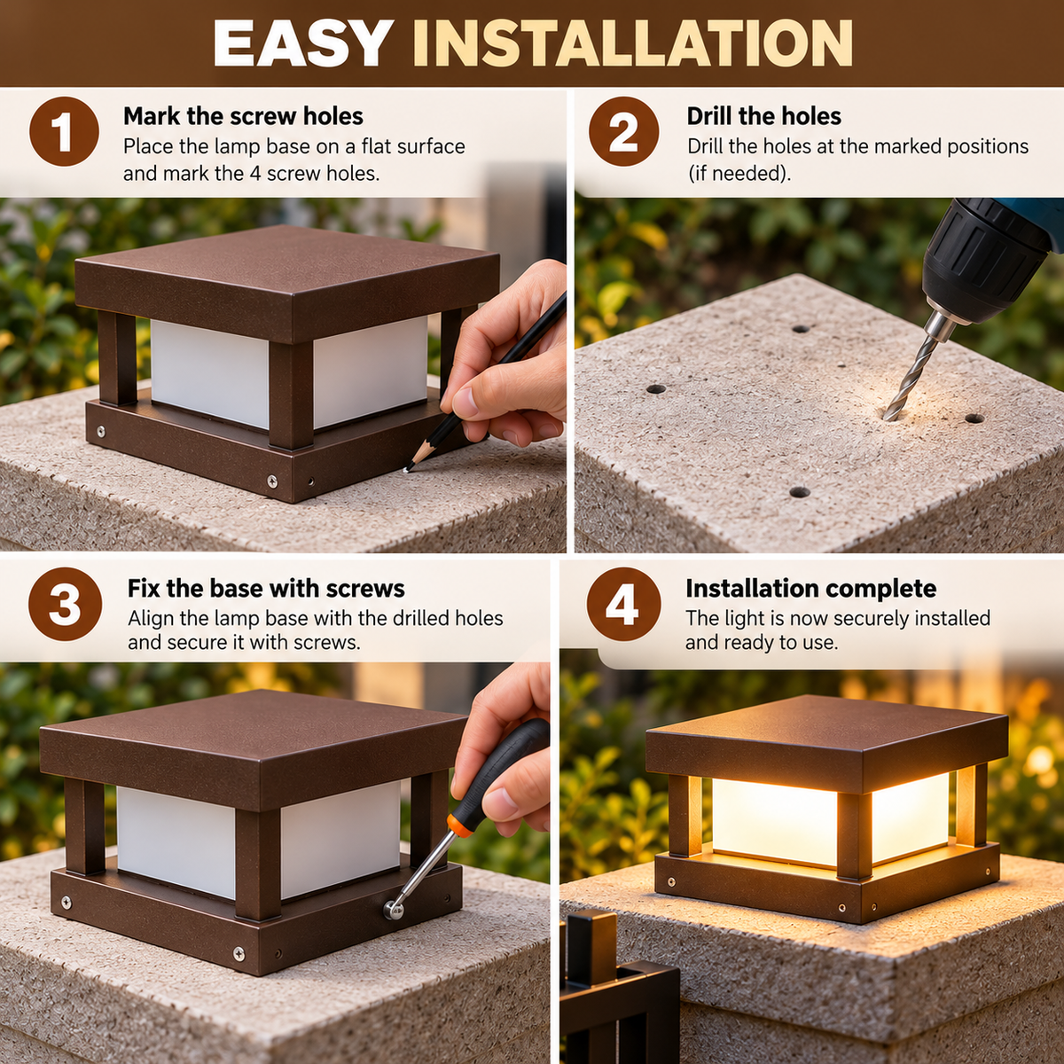 Outdoor Post Lights Square LED Waterproof Brown Deck Pillar