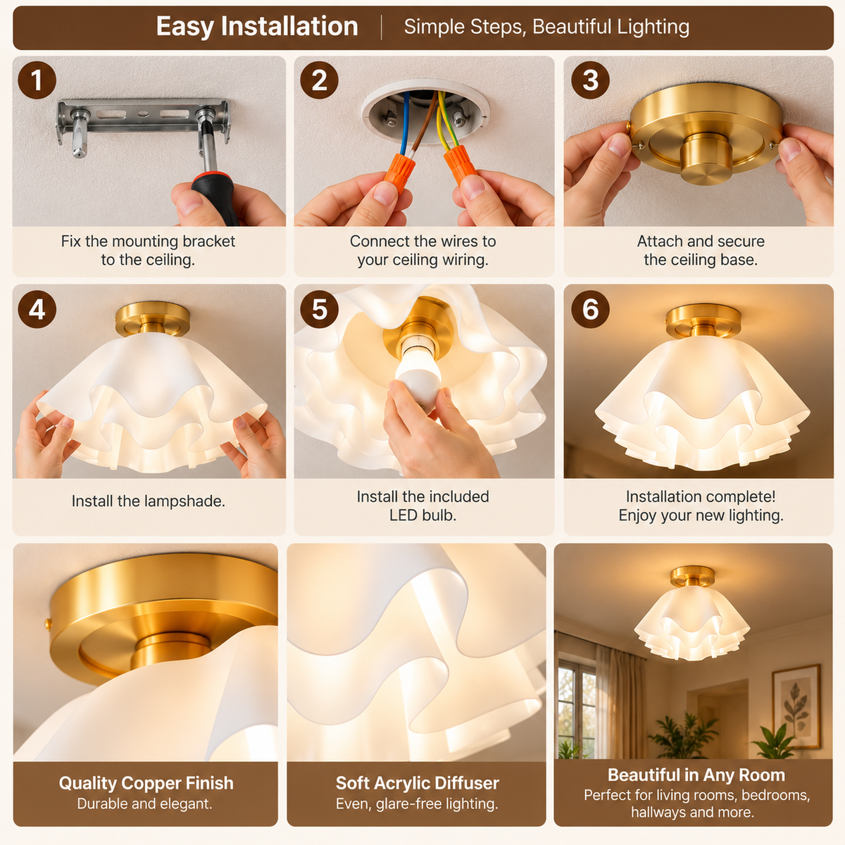 Semi-Flush Ceiling Light | Copper, Dimmable, Modern | Living Room