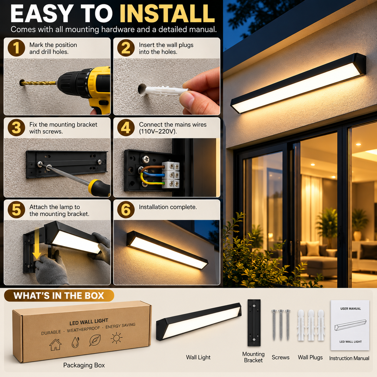 Linear Outdoor Wall Light | Black LED Strip, IP65 Waterproof | 5 Sizes