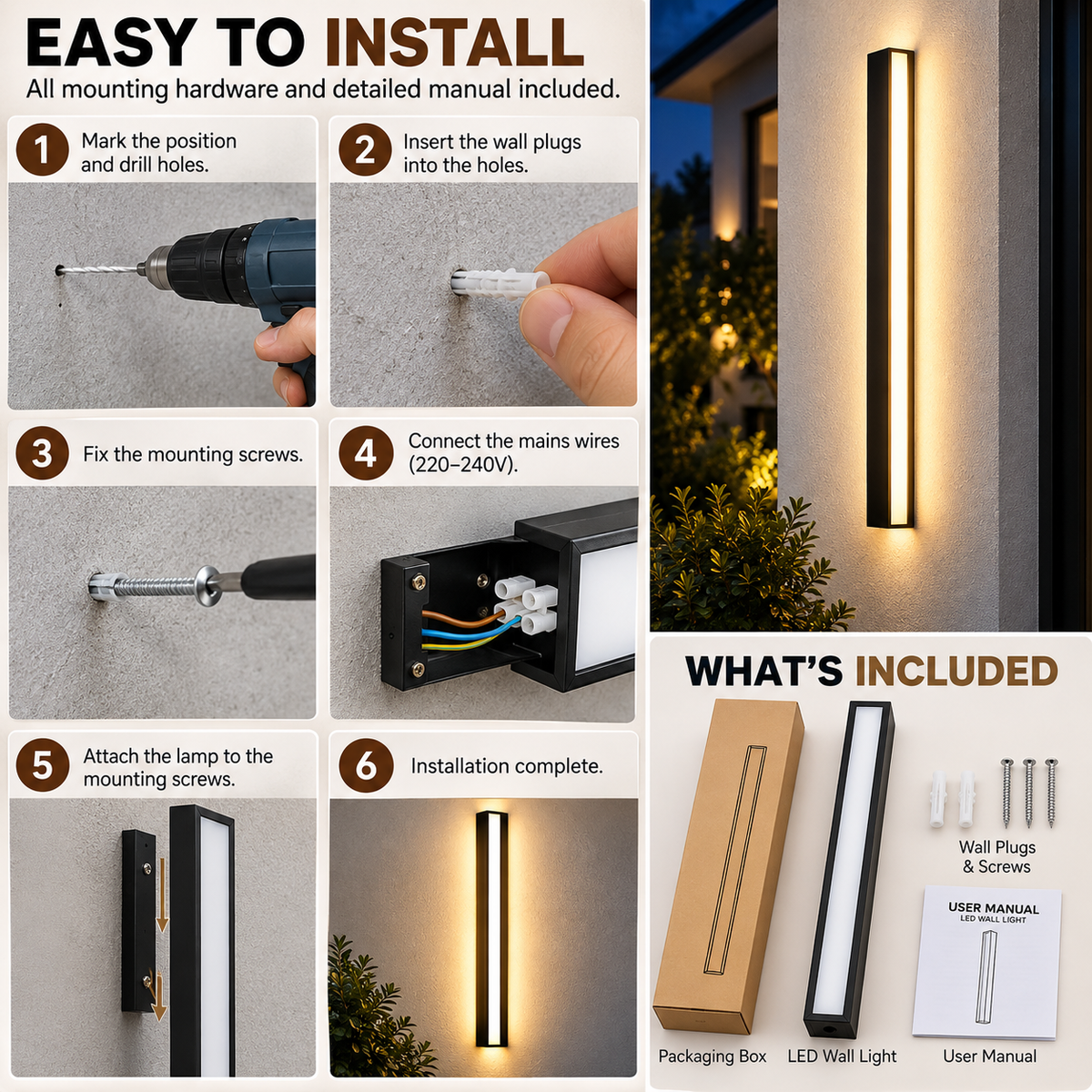 Liniowa zewnętrzna lampa ścienna | IP65, Czarna | Konstrukcja listwowa, LED