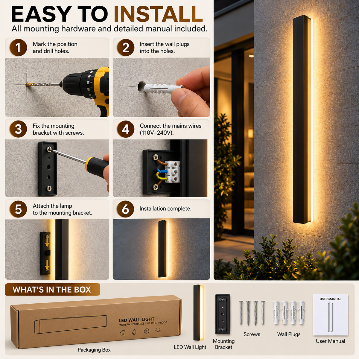 Linear Outdoor Wall Light | LED Strip, IP65, Matte Black