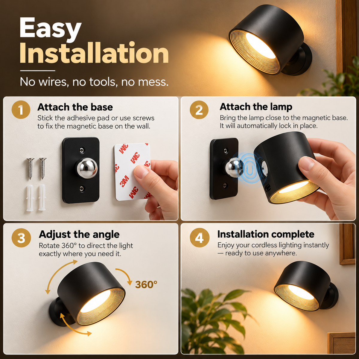 Cordless LED Wall Light | Magnetic Mount, 360° Rotation, Dimmable | Ondine