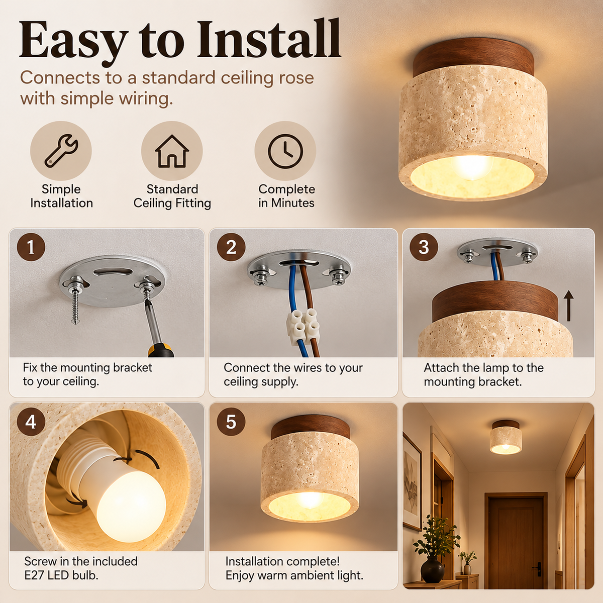 Ceiling Light Travertine Cylinder with Wood Accent