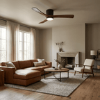 DC ceiling fan with LED light, timber blades, matte black canopy, remote control, 42–52 inch