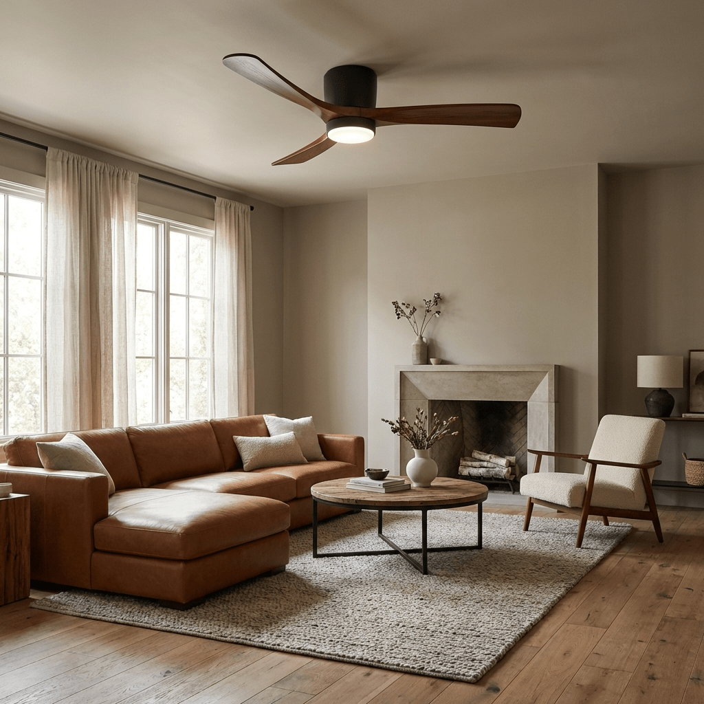 DC ceiling fan with LED light, timber blades, matte black canopy, remote control, 42–52 inch