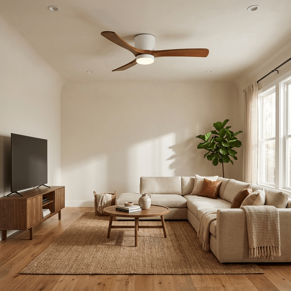 DC ceiling fan with LED light, timber blades, matte black canopy, remote control, 42–52 inch