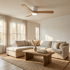 DC ceiling fan with LED light, timber blades, matte black canopy, remote control, 42–52 inch