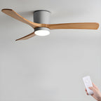DC ceiling fan with LED light, timber blades, matte black canopy, remote control, 42–52 inch