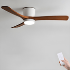 DC ceiling fan with LED light, timber blades, matte black canopy, remote control, 42–52 inch