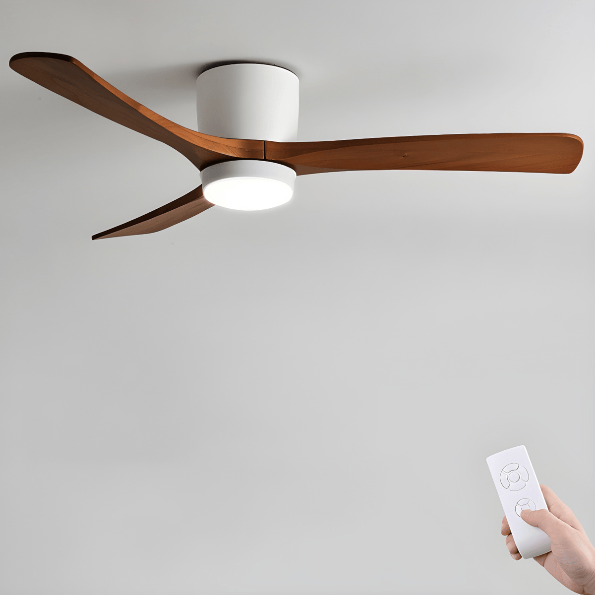DC ceiling fan with LED light, timber blades, matte black canopy, remote control, 42–52 inch