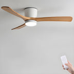 DC ceiling fan with LED light, timber blades, matte black canopy, remote control, 42–52 inch