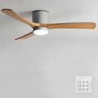 DC ceiling fan with LED light, timber blades, matte black canopy, remote control, 42–52 inch