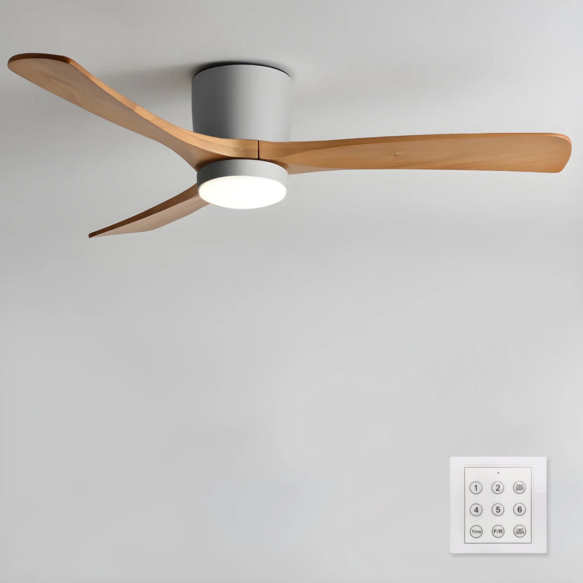 DC ceiling fan with LED light, timber blades, matte black canopy, remote control, 42–52 inch