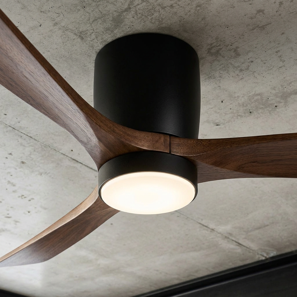 DC ceiling fan with LED light, timber blades, matte black canopy, remote control, 42–52 inch