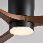 DC ceiling fan with LED light, timber blades, matte black canopy, remote control, 42–52 inch