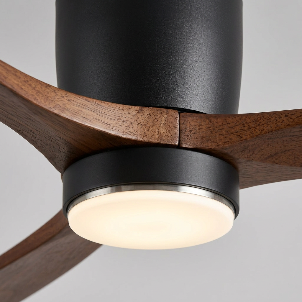 DC ceiling fan with LED light, timber blades, matte black canopy, remote control, 42–52 inch