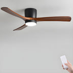 DC ceiling fan with LED light, timber blades, matte black canopy, remote control, 42–52 inch