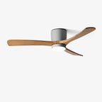 DC ceiling fan with LED light, timber blades, matte black canopy, remote control, 42–52 inch