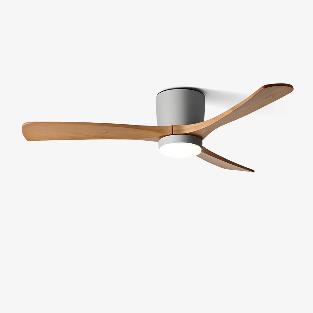 DC ceiling fan with LED light, timber blades, matte black canopy, remote control, 42–52 inch