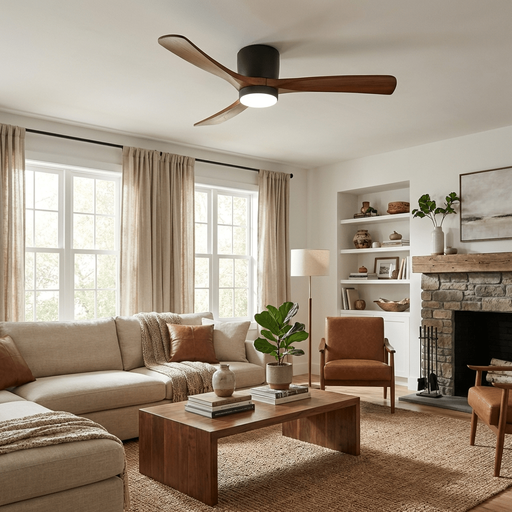 DC ceiling fan with LED light, timber blades, matte black canopy, remote control, 42–52 inch