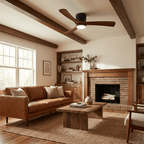 DC ceiling fan with LED light, timber blades, matte black canopy, remote control, 42–52 inch