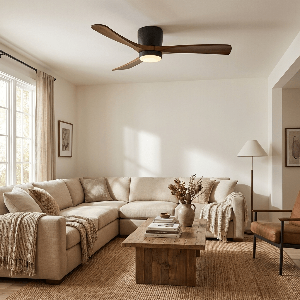 DC ceiling fan with LED light, timber blades, matte black canopy, remote control, 42–52 inch