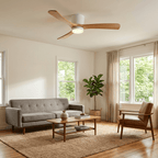 DC ceiling fan with LED light, timber blades, matte black canopy, remote control, 42–52 inch