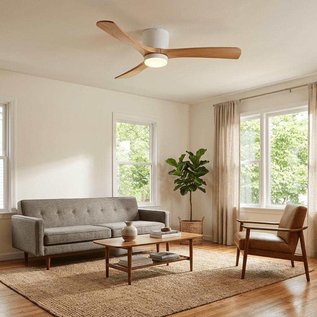 DC ceiling fan with LED light, timber blades, matte black canopy, remote control, 42–52 inch