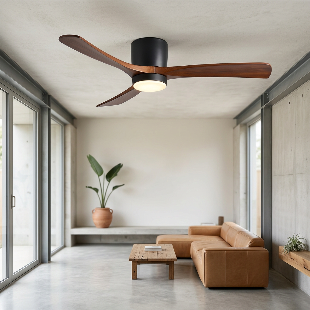 DC ceiling fan with LED light, timber blades, matte black canopy, remote control, 42–52 inch
