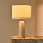 Marble table lamp with cotton shade, natural veining, 49cm height, E27 socket