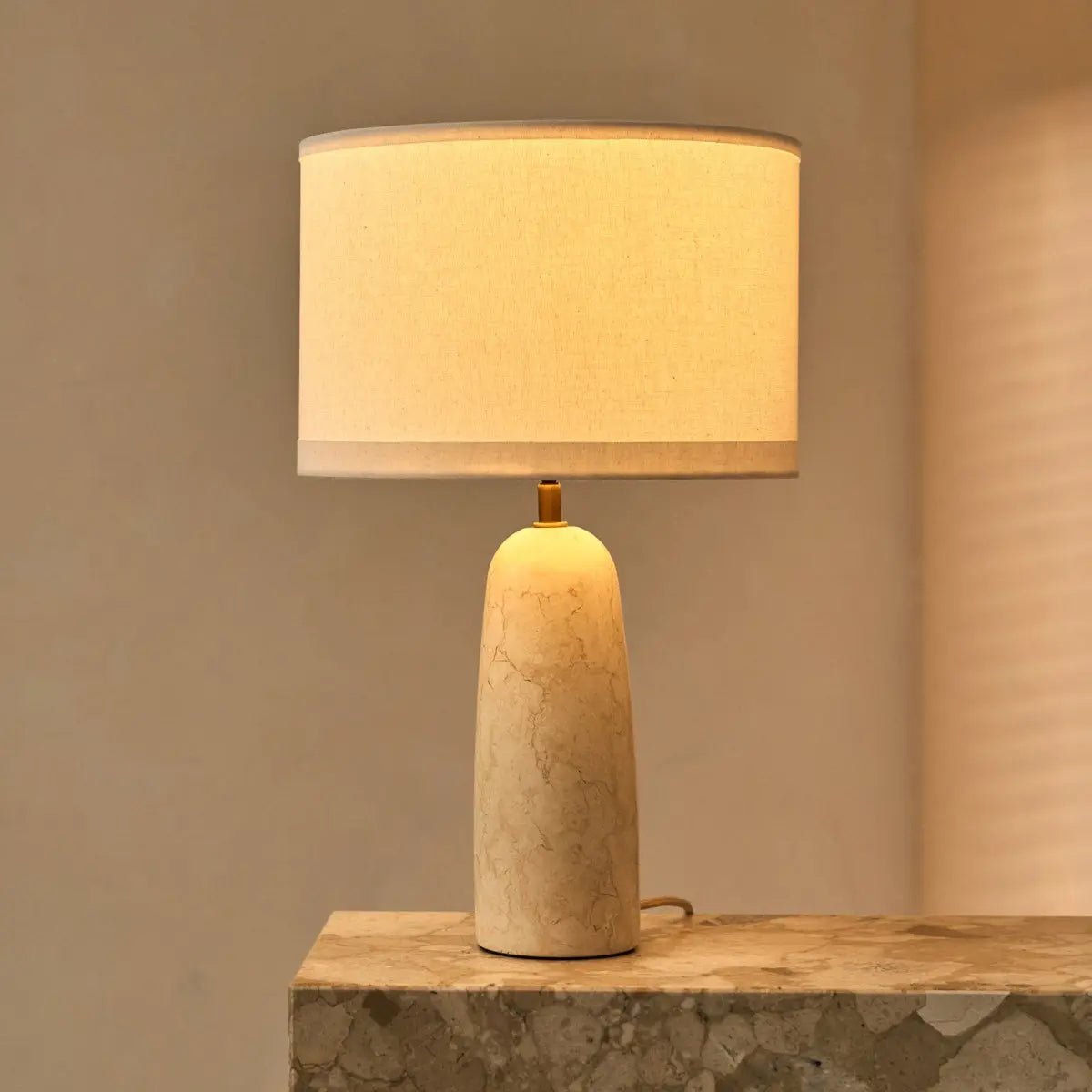 Marble table lamp with cotton shade, natural veining, 49cm height, E27 socket