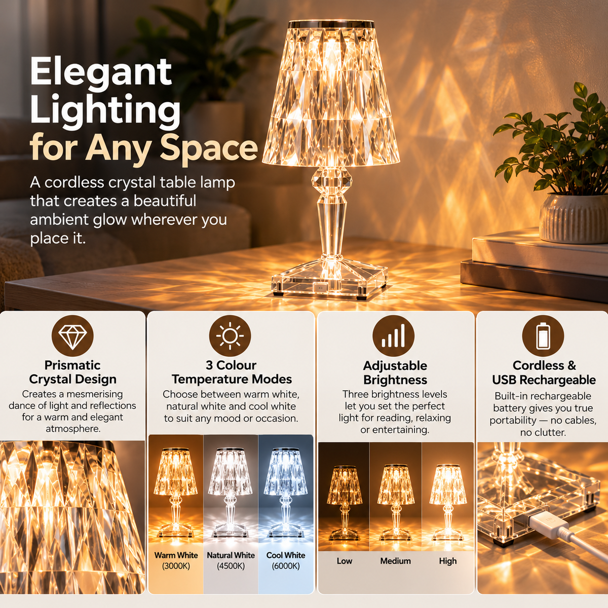 Cordless Crystal Table Lamp | Touch Control, USB Rechargeable