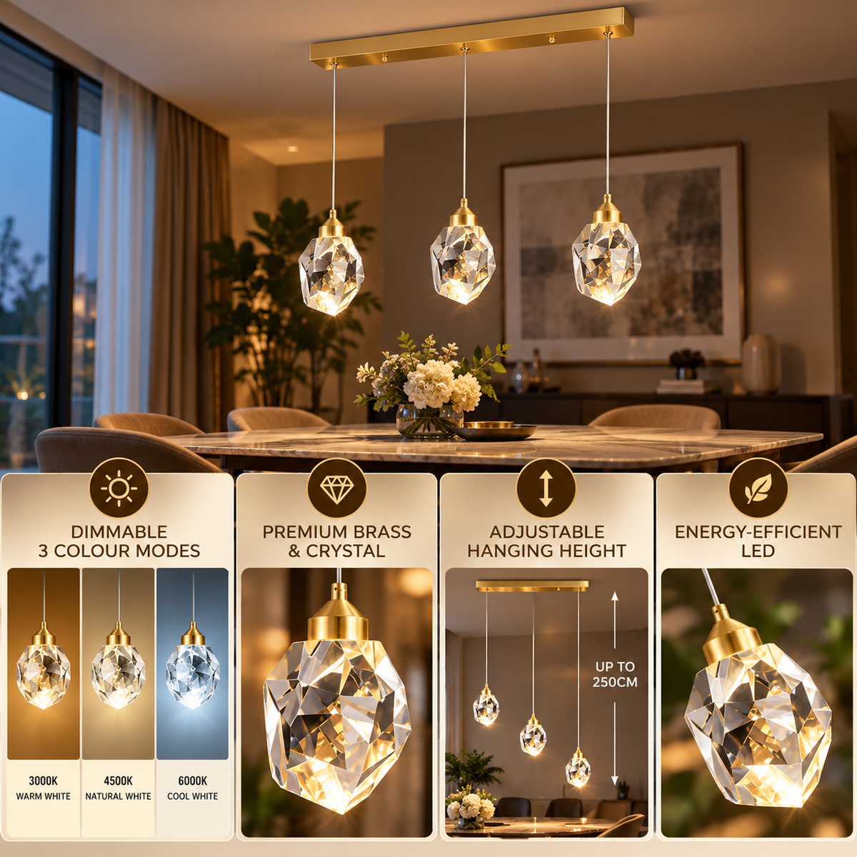 Crystal Pendant Light | Dimmable Brass, Modern Luxury | LED
